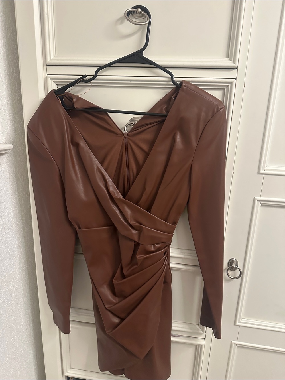 Zara Brown Faux-Leather Draped Long-Sleeve Women’s Dress